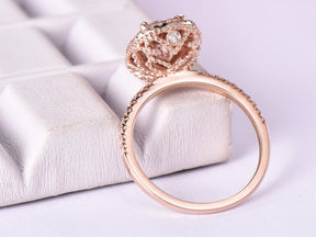 Oval Morganite Ring Milgrain Under Gallery Diamond Halo 14K Rose Gold - Lord of Gem Rings