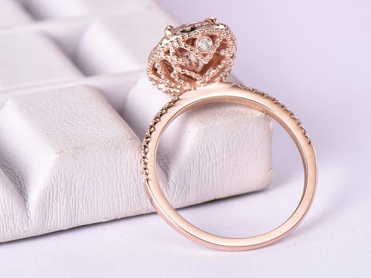 1.7ct Oval Morganite Halo Ring Milgrain Under Gallery 14K Gold