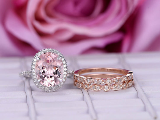 3 CT Oval Morganite Ring Milgrain Under Gallery Trio Bridal Set in Two Tone Gold