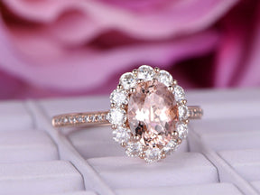 Oval Morganite Ring Moissanite Halo Diamond Accents - Lord of Gem Rings