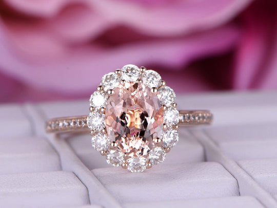 Oval Morganite Ring Moissanite Halo Diamond Accents
