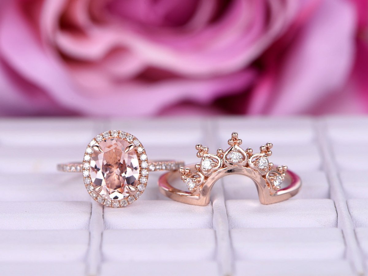 Oval Morganite Ring Moissanite Tiara Bridal Set 14K Rose Gold - Lord of Gem Rings