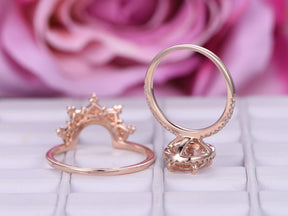 Oval Morganite Ring Moissanite Tiara Bridal Set 14K Rose Gold - Lord of Gem Rings