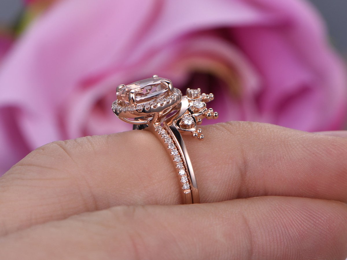 Oval Morganite Ring Moissanite Tiara Bridal Set 14K Rose Gold - Lord of Gem Rings