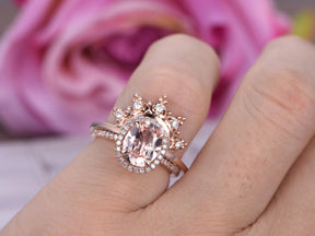 Oval Morganite Ring Moissanite Tiara Bridal Set 14K Rose Gold - Lord of Gem Rings