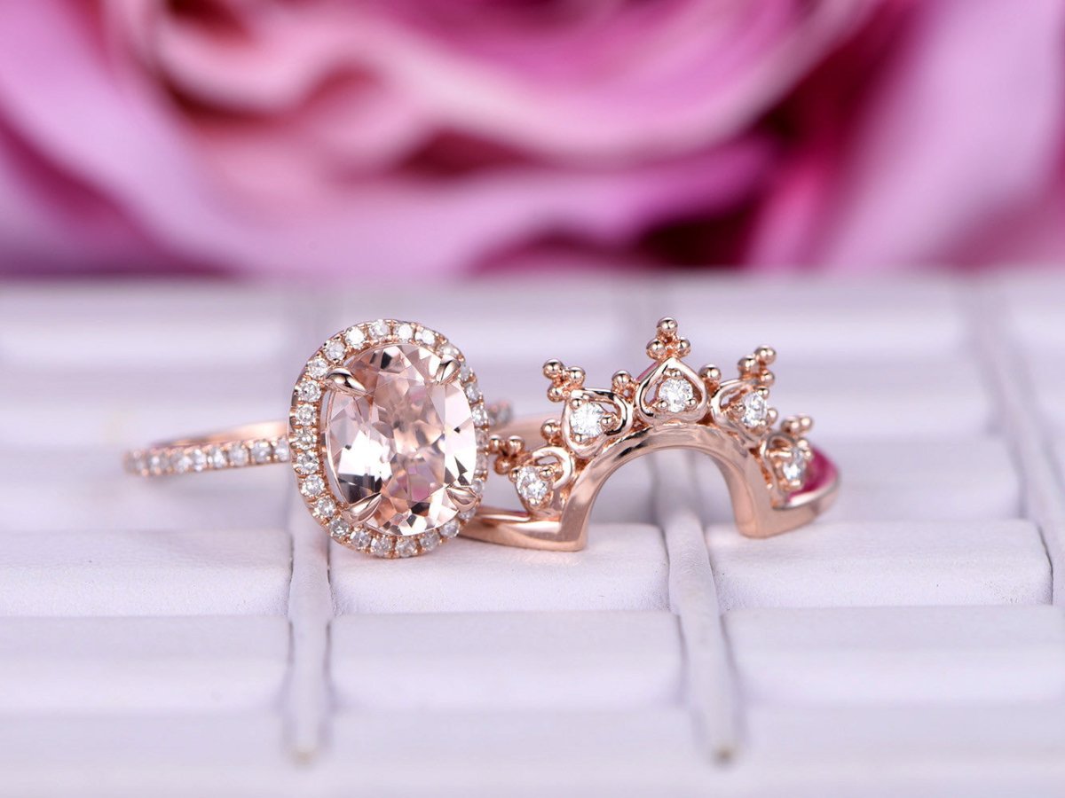 Oval Morganite Ring Moissanite Tiara Bridal Set 14K Rose Gold - Lord of Gem Rings