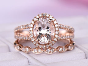 Oval Morganite Split Shank Ring Art Deco Diamond Wedding Bridal Set - Lord of Gem Rings