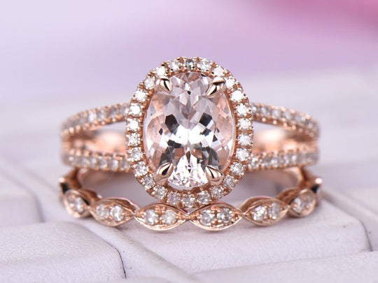 1.2ct Oval Morganite Split Shank Ring Art Deco Bridal Set