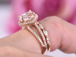 Oval Morganite Split Shank Ring Art Deco Diamond Wedding Bridal Set - Lord of Gem Rings