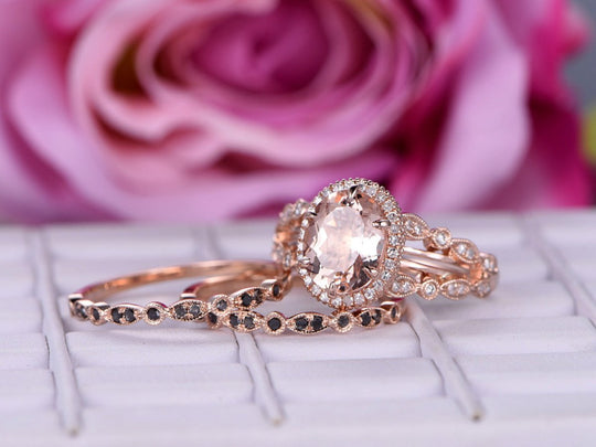 Oval Morganite Split Shank Ring Black Diamond Trio Set