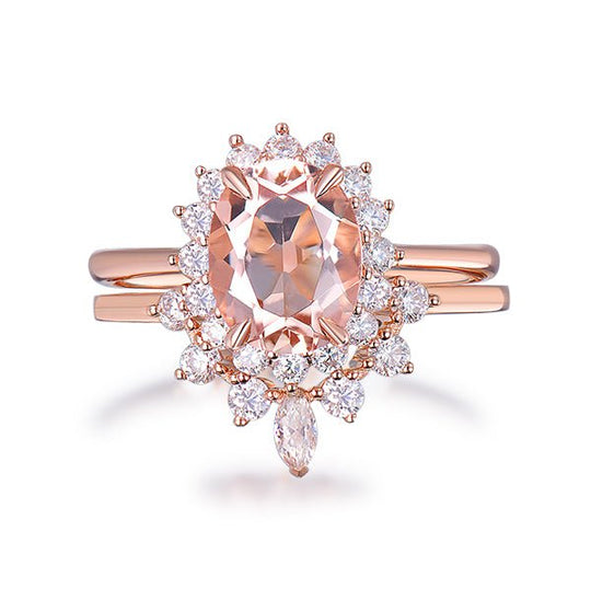 1.25ct Oval Morganite Halo Tiara Bridal Set 14K Gold
