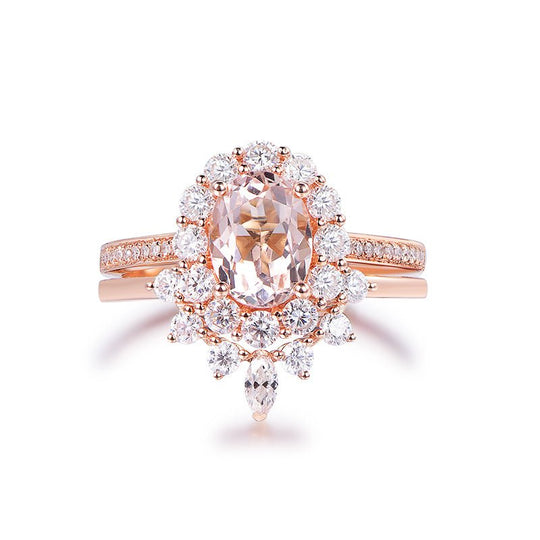 Oval Morganite Tiara Moissanite Bridal Set 14K Rose Gold