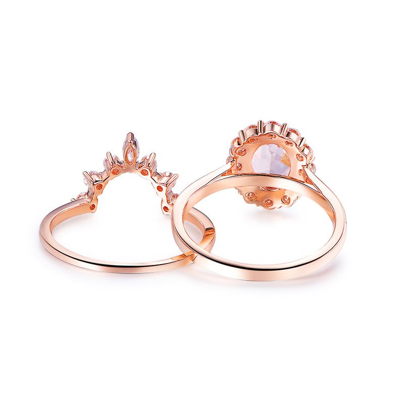 Oval Morganite Tiara Moissanite Bridal Set 14K Rose Gold - Lord of Gem Rings