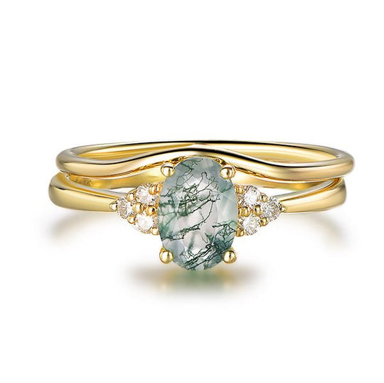 Oval Moss Agate Diamond Trio Accents Bridal Set 14K Yellow Gold