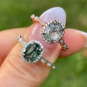 Oval Moss Agate Halo Vintage Ring Forever Together Ring Guards - Lord of Gem Rings