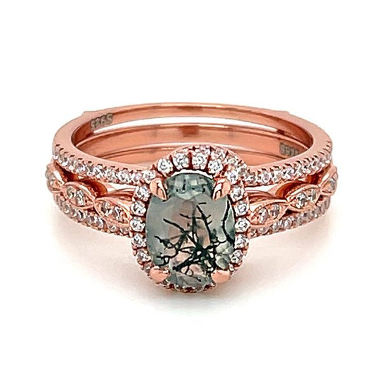 Oval Moss Agate Halo Vintage Ring Forever Together Ring Guards