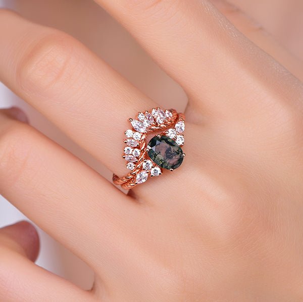 Oval Moss Agate Marquise Moissanite Bridal Set 14K Rose Gold - Lord of Gem Rings