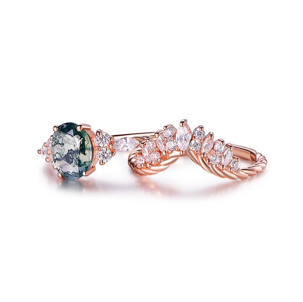 Oval Moss Agate Marquise Moissanite Bridal Set 14K Rose Gold - Lord of Gem Rings