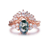 Oval Moss Agate Marquise Moissanite Bridal Set 14K Rose Gold - Lord of Gem Rings