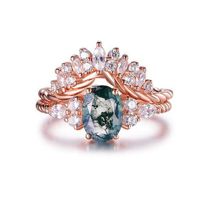 Oval Moss Agate Marquise Moissanite Bridal Set 14K Rose Gold - Lord of Gem Rings