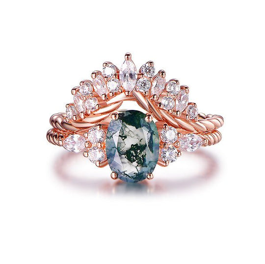 Oval Moss Agate Marquise Moissanite Bridal Set 14K Rose Gold