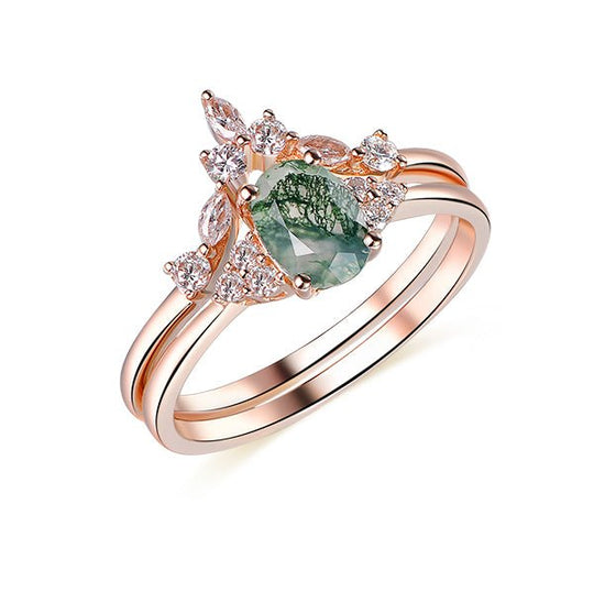 Oval Moss Agate Ring Diamond Chevron Band Bridal Set