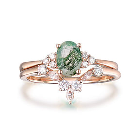Oval Moss Agate Ring Diamond Chevron Band Bridal Set - Lord of Gem Rings