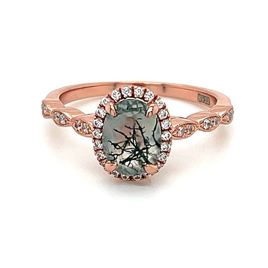 Oval Moss Agate Vintage Halo Ring
