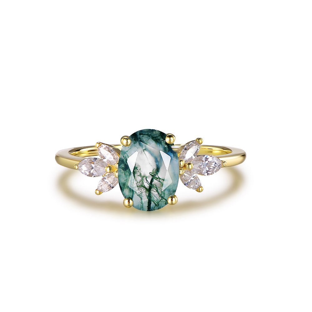 Oval Natural Moss Agate Marquise Moissanite Leaf Ring 14K Yellow Gold - Lord of Gem Rings