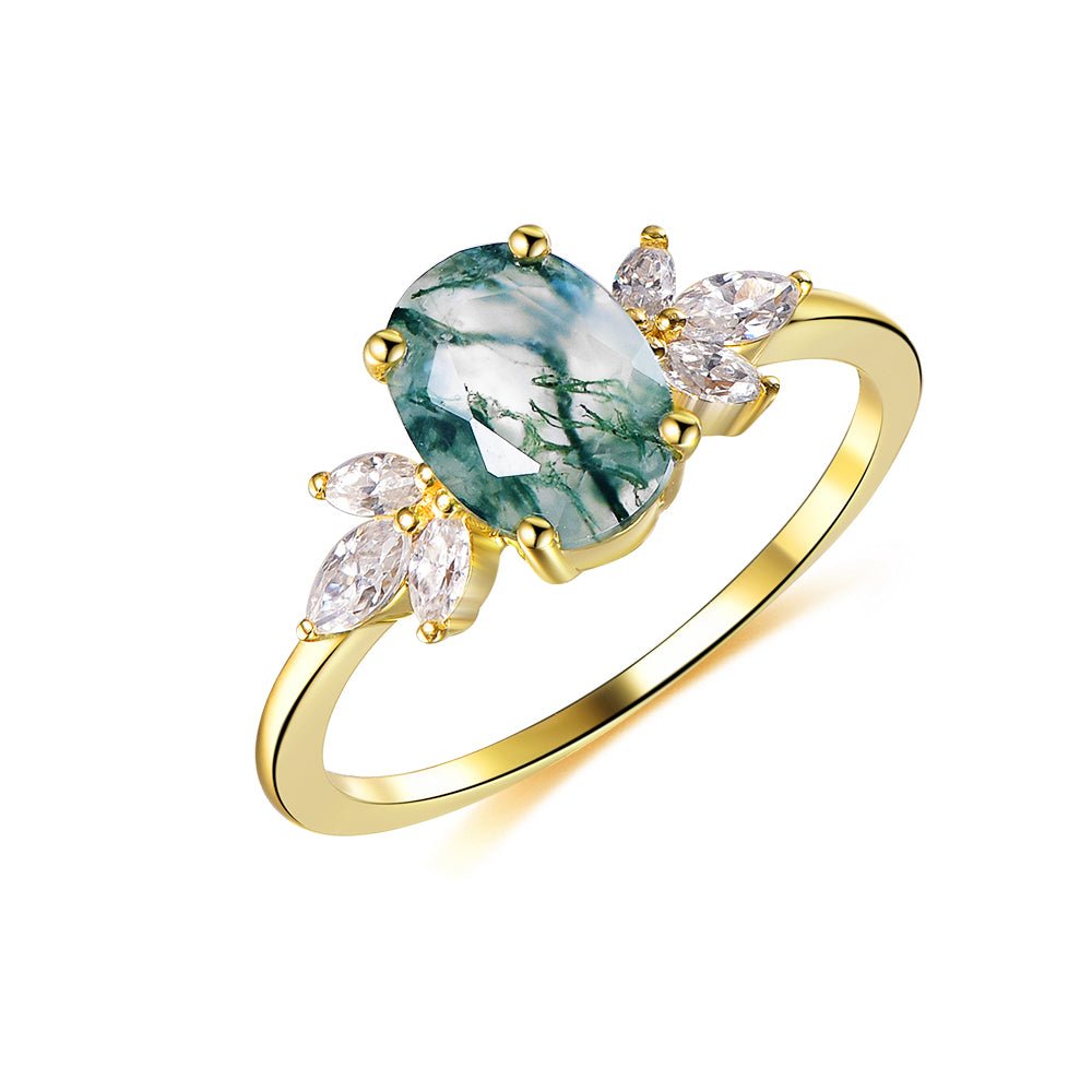 Oval Natural Moss Agate Marquise Moissanite Leaf Ring 14K Yellow Gold - Lord of Gem Rings