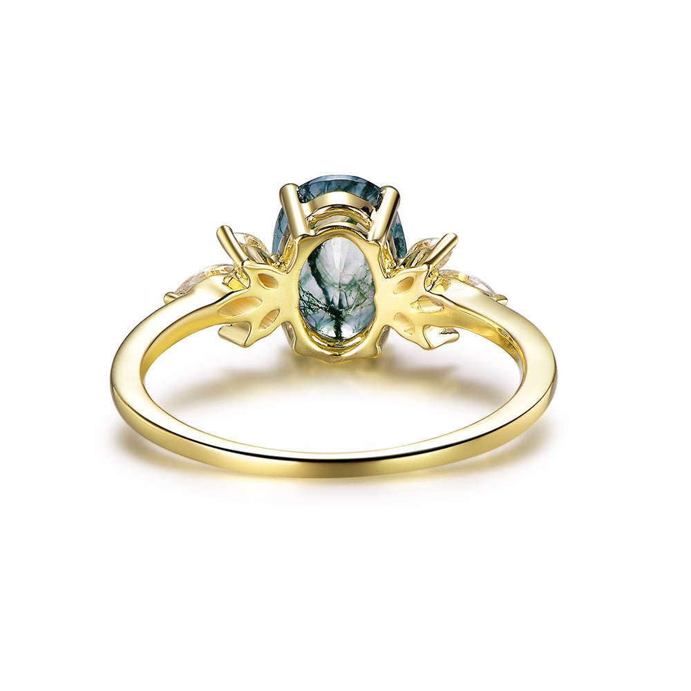 Oval Natural Moss Agate Marquise Moissanite Leaf Ring 14K Yellow Gold - Lord of Gem Rings