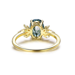 Oval Natural Moss Agate Marquise Moissanite Leaf Ring 14K Yellow Gold - Lord of Gem Rings