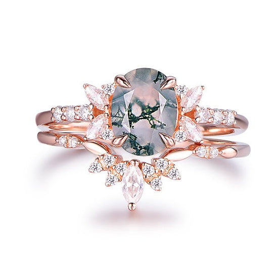 Oval Natural Moss Agate Ring Matching Curved Marquise Band, 14K Gold/Silver