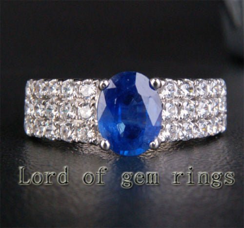 Oval Natural Sapphire Triple Row Diamond Engagement Ring