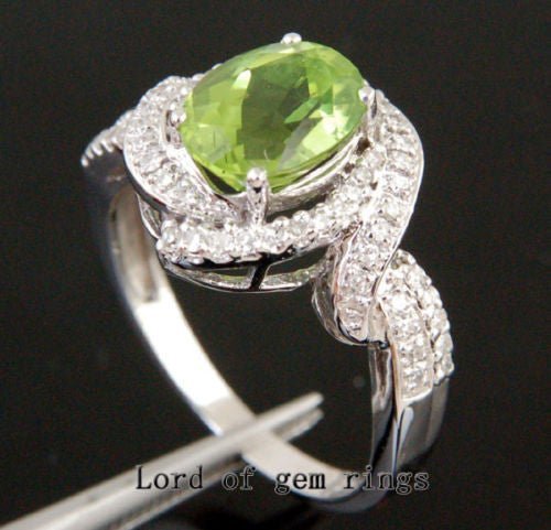 Oval Peridot Diamond Floral Halo Engagement Ring 14K White Gold - Lord of Gem Rings