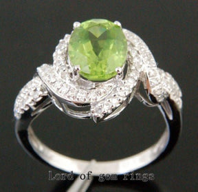 Oval Peridot Diamond Floral Halo Engagement Ring 14K White Gold - Lord of Gem Rings
