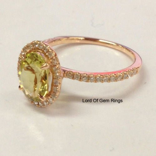 Oval Peridot Diamond Halo Engagement Ring 14K Rose Gold - Lord of Gem Rings