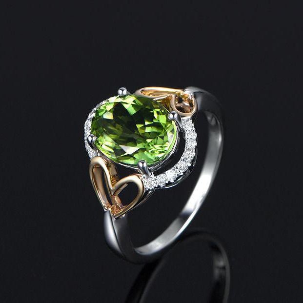 Oval Peridot Diamond Heart Engagement Ring in Two-Tone Gold - Lord of Gem Rings