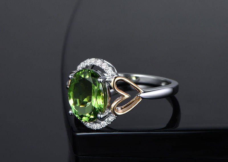 Oval Peridot Diamond Heart Engagement Ring in Two-Tone Gold - Lord of Gem Rings