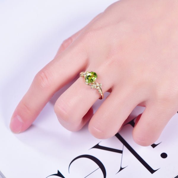 Oval Peridot Engagement Vine Ring in 14K Gold - Lord of Gem Rings