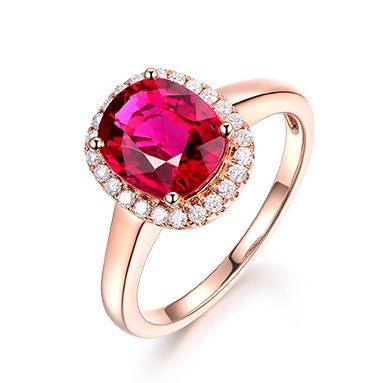 Oval Pigeon Blood Tourmaline Engagement Ring Diamond Halo 18K Rose Gold