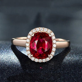 Oval Pigeon Blood Tourmaline Engagement Ring Diamond Halo 18K Rose Gold - Lord of Gem Rings