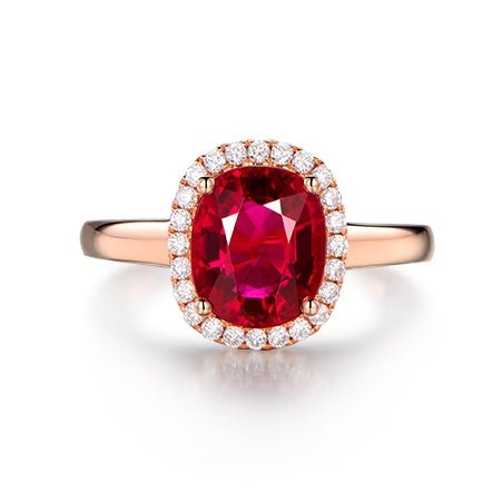 Oval Pigeon Blood Tourmaline Engagement Ring Diamond Halo 18K Rose Gold - Lord of Gem Rings