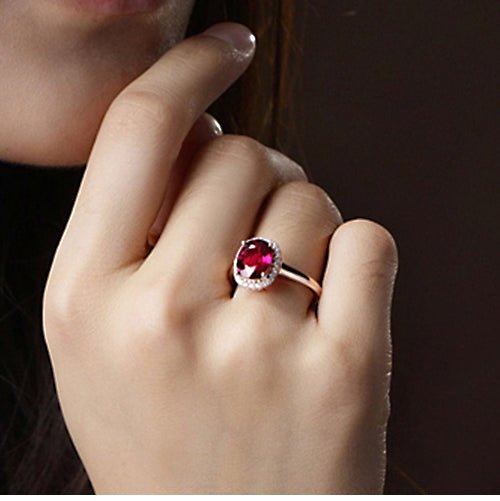 Oval Pigeon Blood Tourmaline Engagement Ring Diamond Halo 18K Rose Gold - Lord of Gem Rings