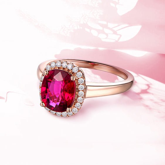 Oval Pigeon Blood Tourmaline Engagement Ring Diamond Halo 18K Rose Gold - Lord of Gem Rings