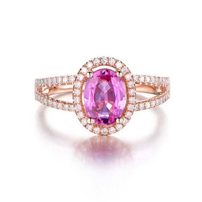 Oval Pink Sapphire Halo Ring Diamond Split Shank 18K Rose Gold - Lord of Gem Rings