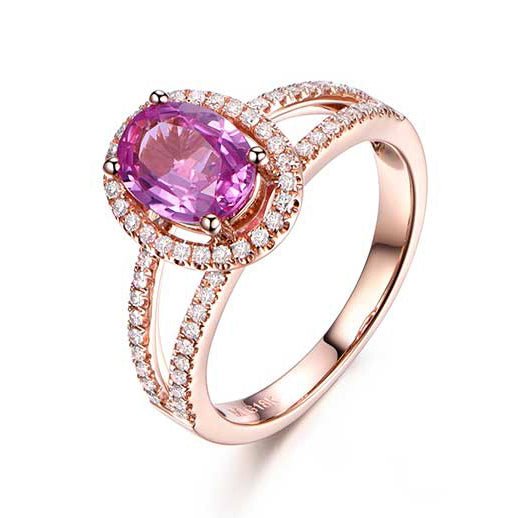 Oval Pink Sapphire Halo Ring Diamond Split Shank 18K Rose Gold