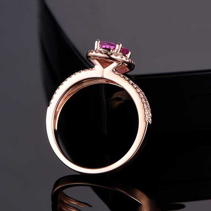 Oval Pink Sapphire Halo Ring Diamond Split Shank 18K Rose Gold - Lord of Gem Rings