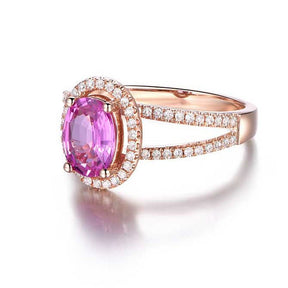 Oval Pink Sapphire Halo Ring Diamond Split Shank 18K Rose Gold - Lord of Gem Rings