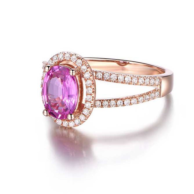 Oval Pink Sapphire Halo Ring Diamond Split Shank 18K Rose Gold - Lord of Gem Rings